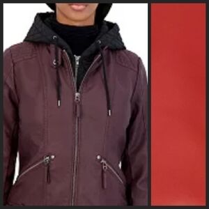 NEW! SEBBY COLLECTION Red & Black Hooded Faux Leather Jacket 2X.